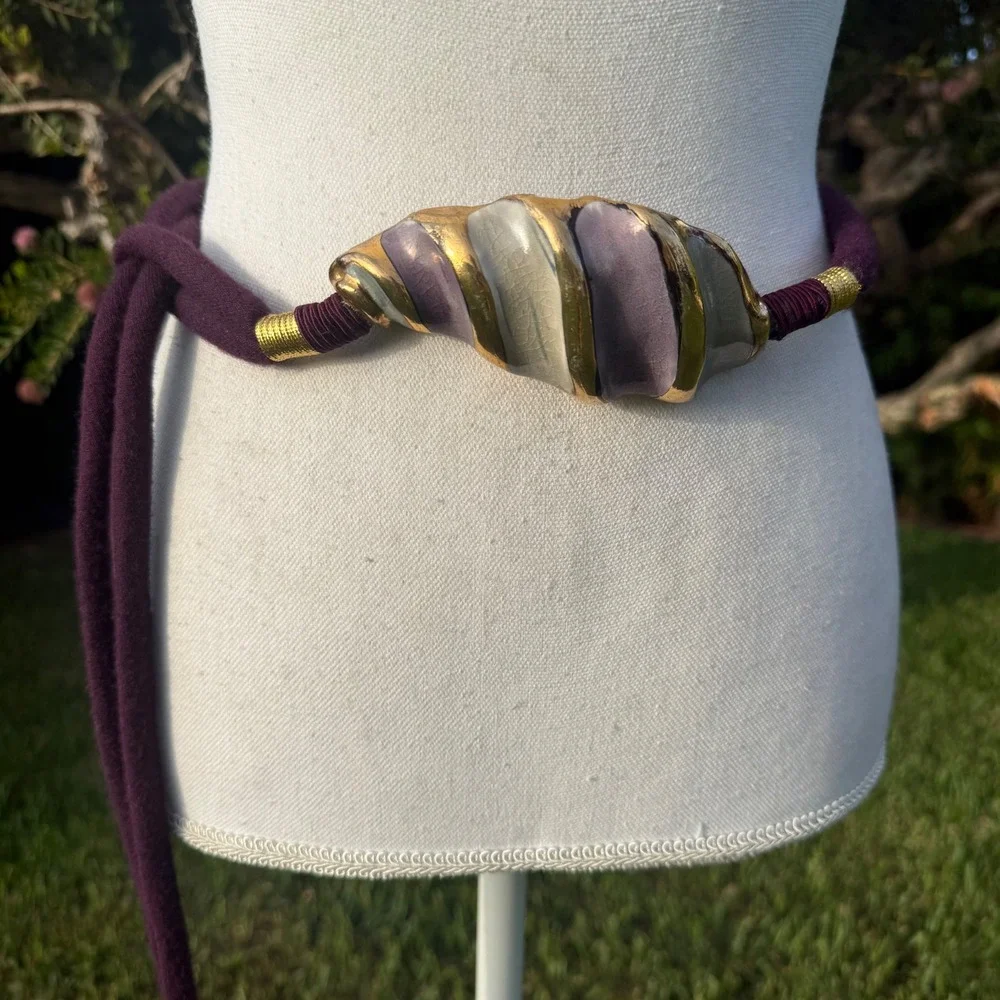 Vintage Artisan Ceramic Shell Rope Belt Purple Gold Glazed Sculptural Tie Belt